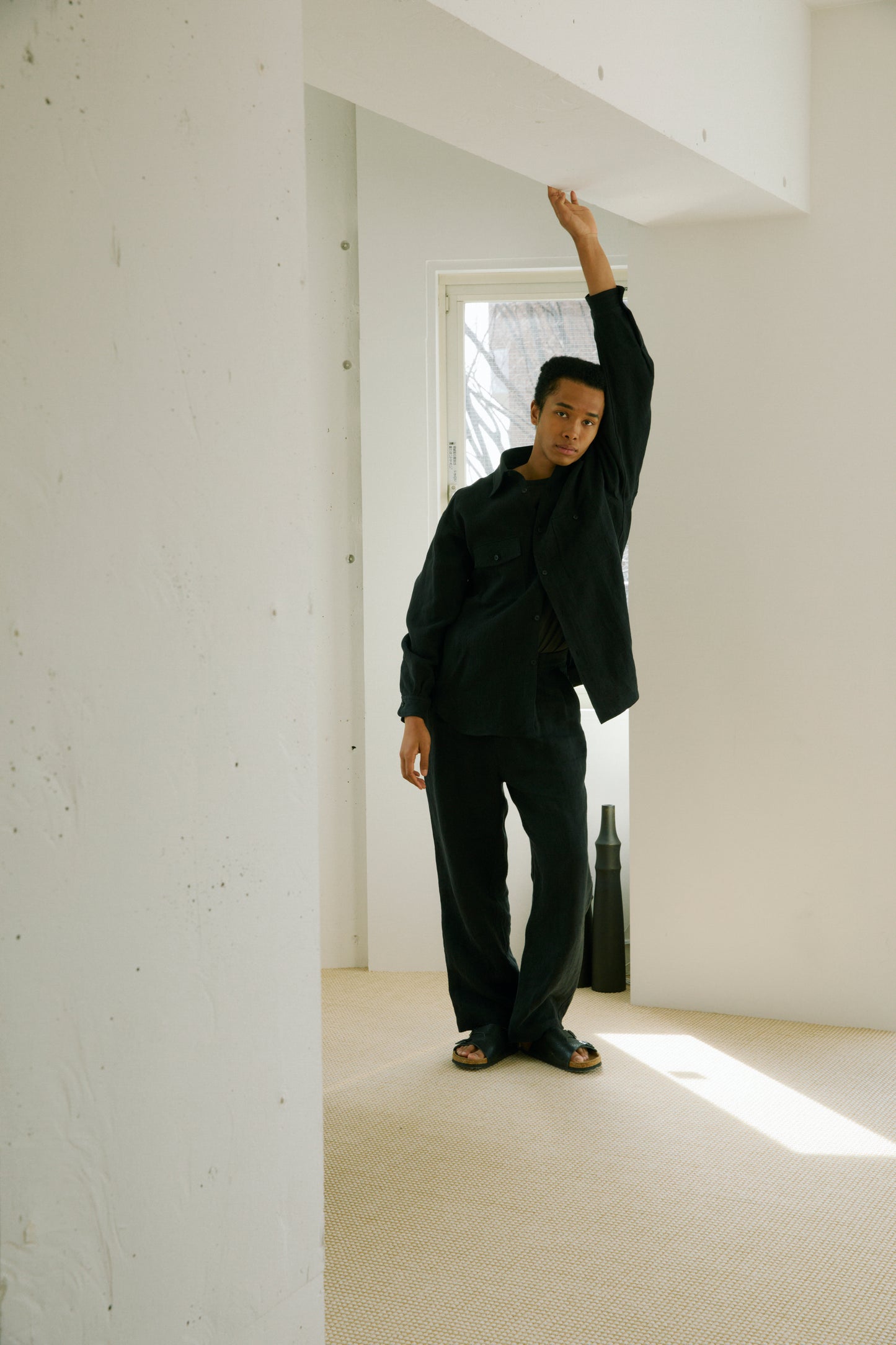 WASHED LINEN TWILL WORK SHIRTS|BLACK