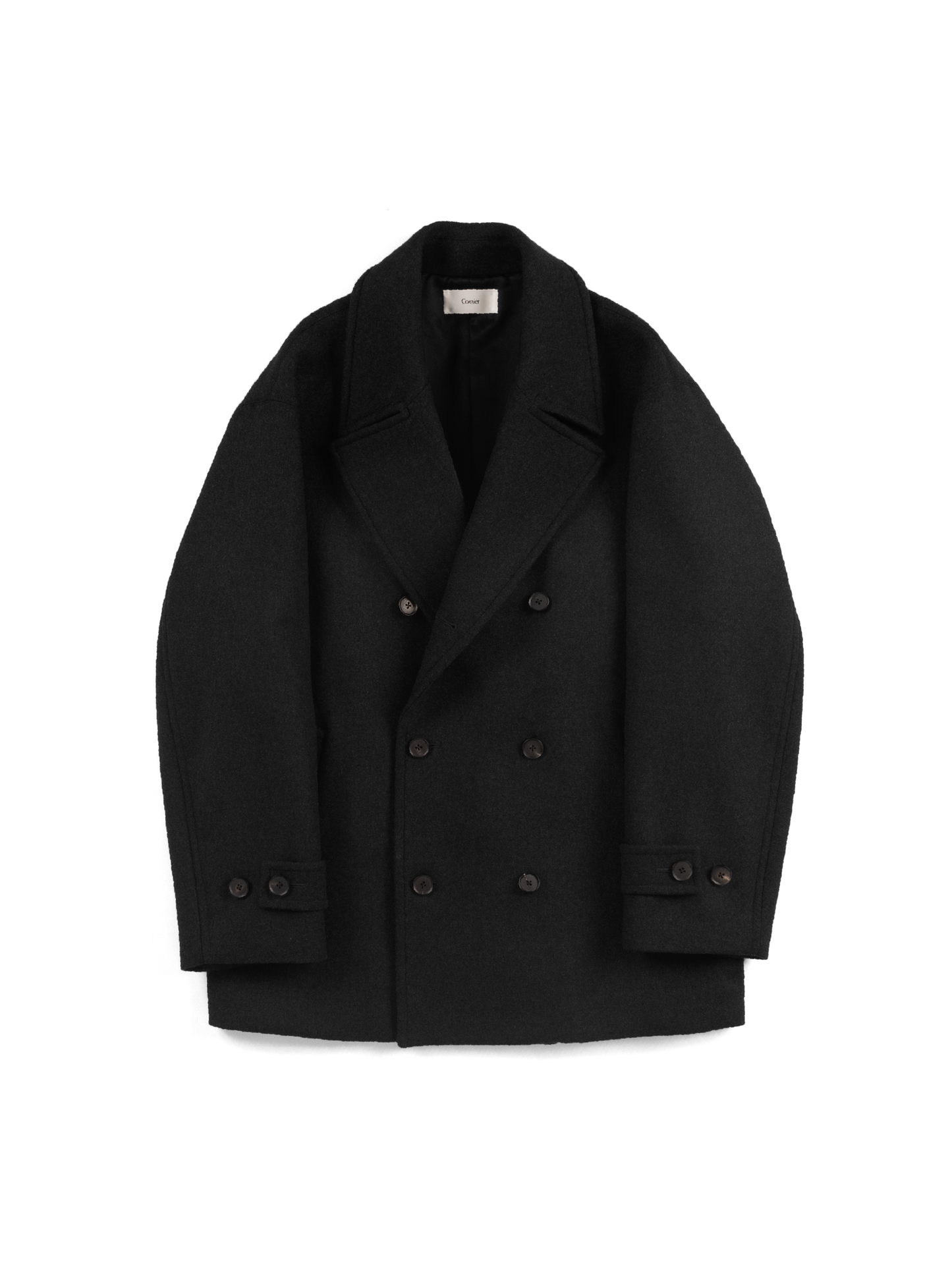 Super160's WOOL DOUBLE CLOTH PEA COAT|TOP BLACK