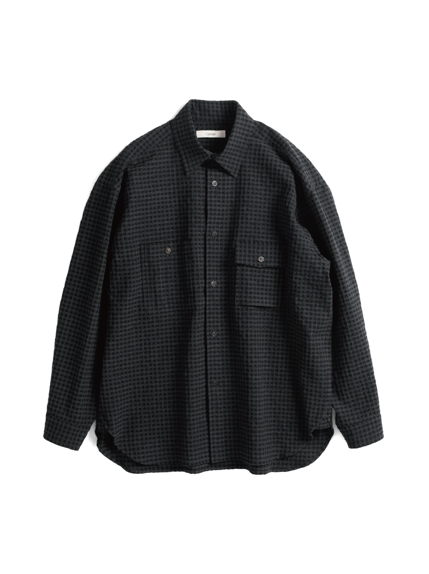 Super130's WOOL/COTTON SHRINK GACHA-POKE SHIRTS|NAVY CHECK