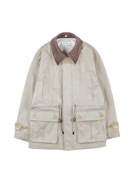 LEATHER COLLAR FINX/ZIMBABWE COTTON TWILL BLOUSON|GREIGE