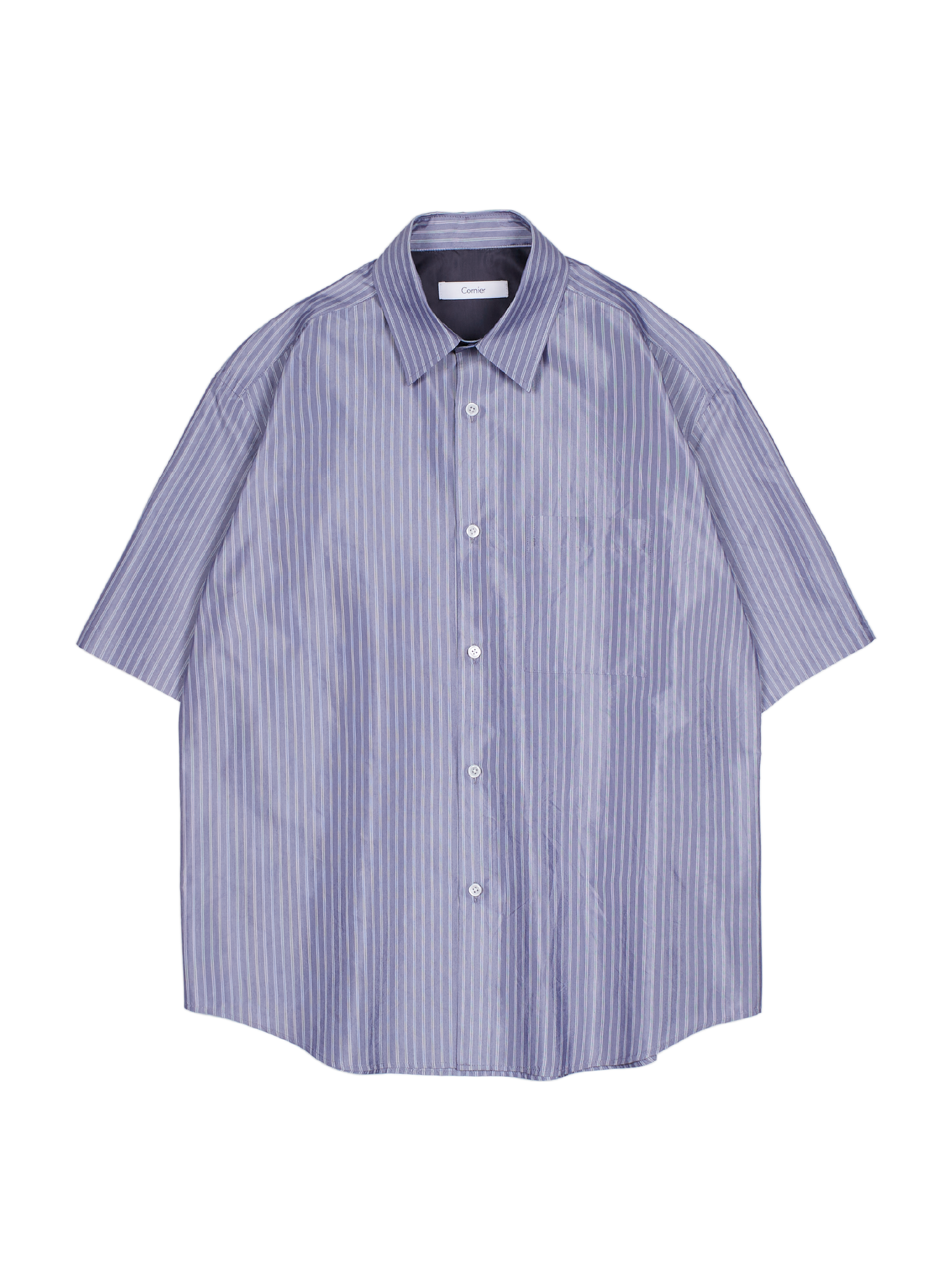 RAW SILK/GIZA STRIPE HALF SLEEVE BIG SHIRTS｜BLUE – Cornier