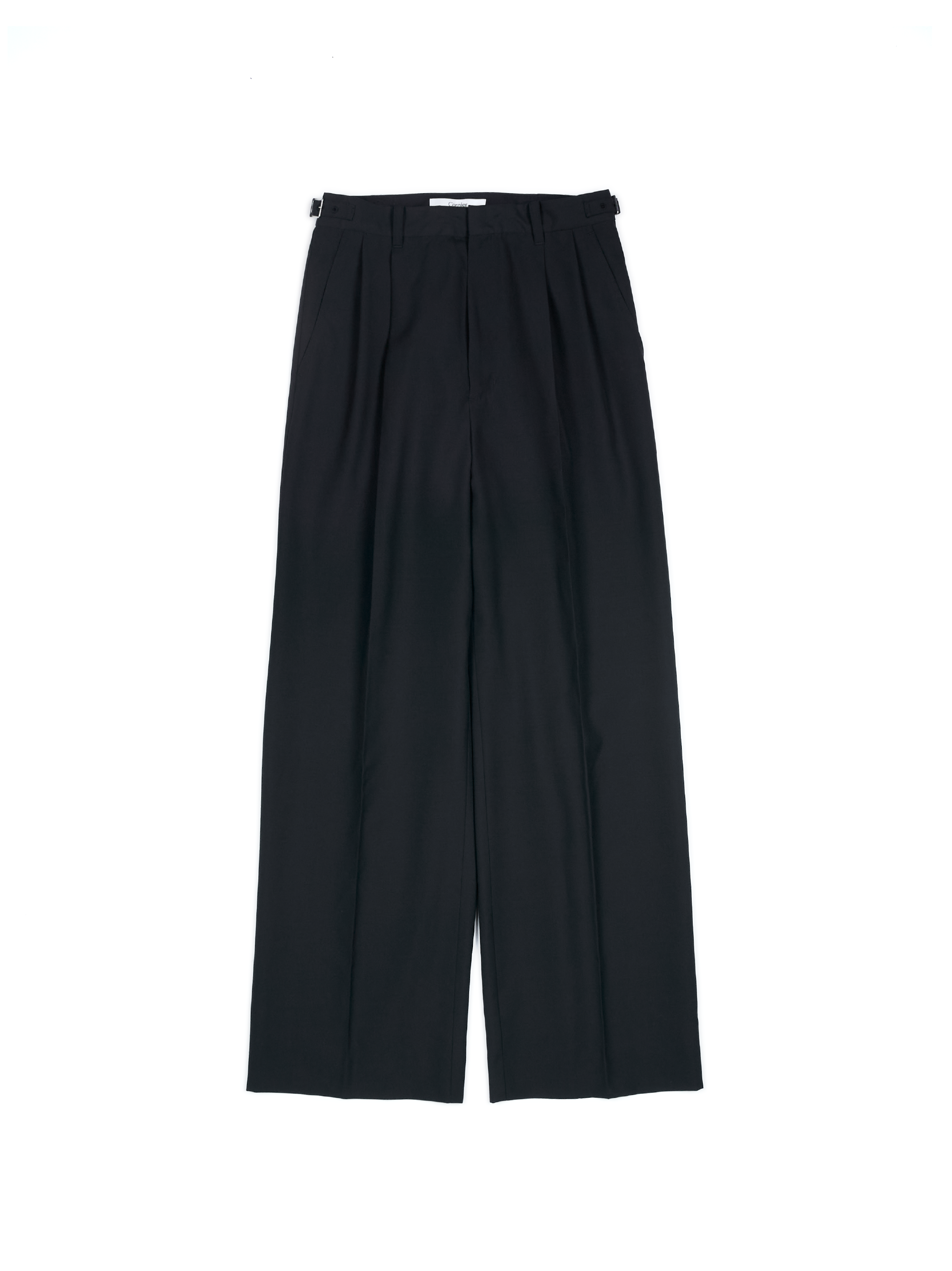 cornier super130s ワイドスラックス/ブラック Super130's WORSTED WOOL TROPICAL SLACKS for WOMEN｜DARK NAVY – Cornier