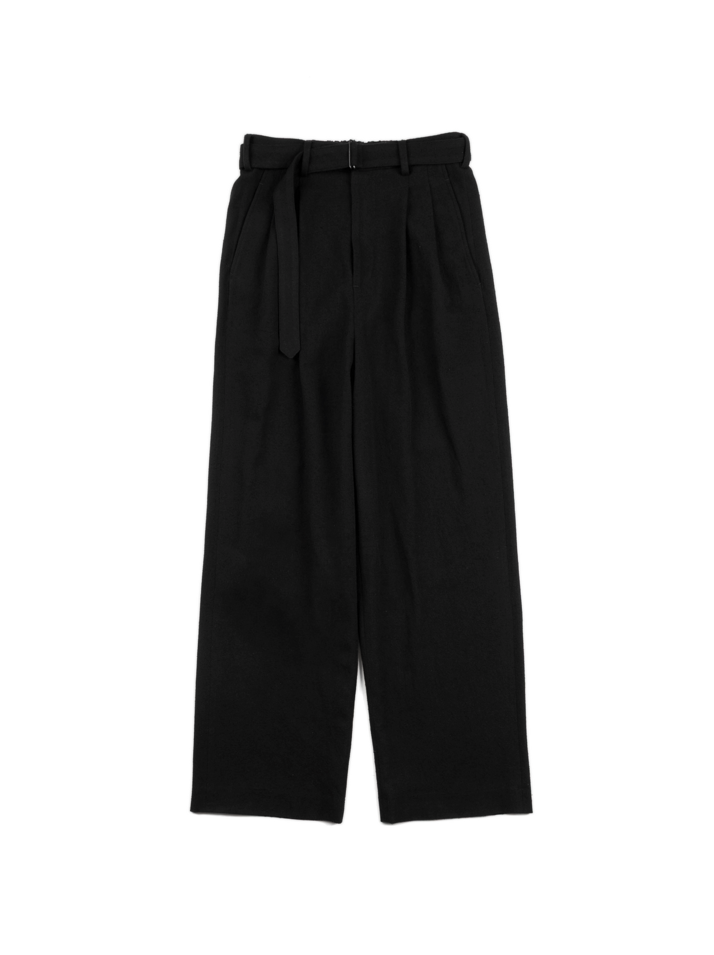 Super140's WOOL SILK NEP BELTED PANTS|BLACK