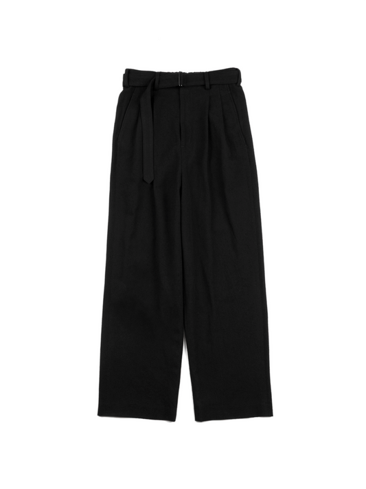 Super140's WOOL SILK NEP BELTED PANTS|BLACK