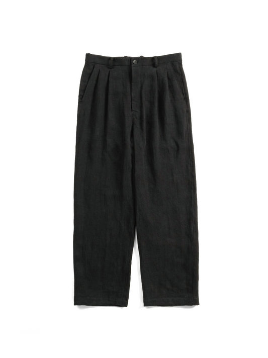 WASHED LINEN TWILL 2-TUCK PANTS｜BLACK