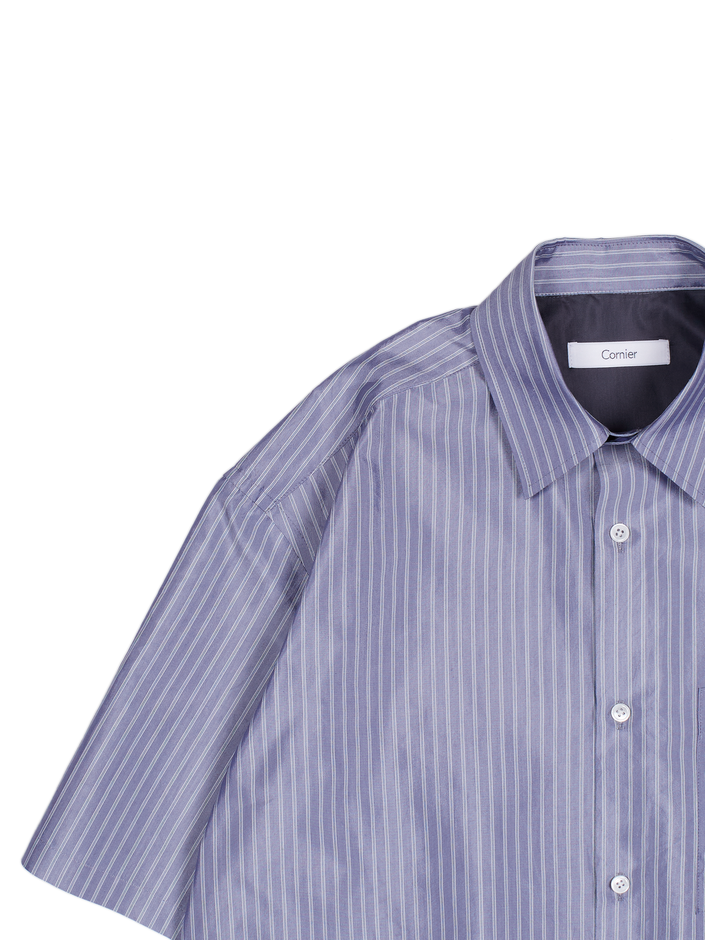 RAW SILK/GIZA STRIPE HALF SLEEVE BIG SHIRTS｜BLUE
