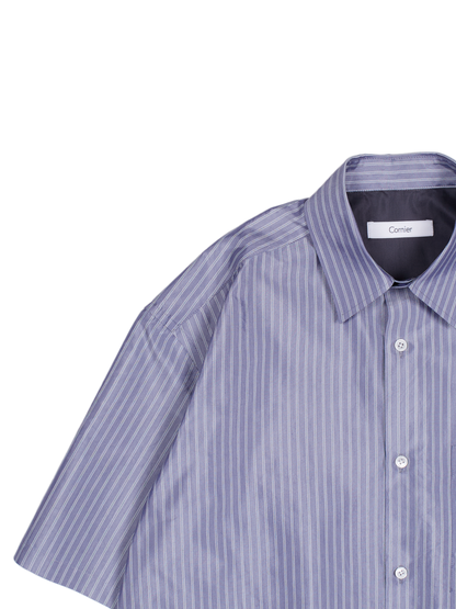 RAW SILK/GIZA STRIPE HALF SLEEVE BIG SHIRTS｜BLUE