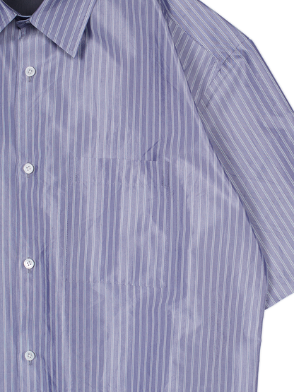 RAW SILK/GIZA STRIPE HALF SLEEVE BIG SHIRTS｜BLUE