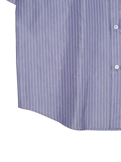 RAW SILK/GIZA STRIPE HALF SLEEVE BIG SHIRTS｜BLUE