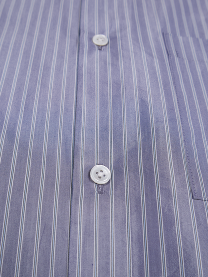 RAW SILK/GIZA STRIPE HALF SLEEVE BIG SHIRTS｜BLUE