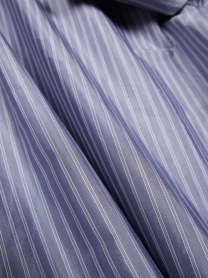 RAW SILK/GIZA STRIPE HALF SLEEVE BIG SHIRTS｜BLUE