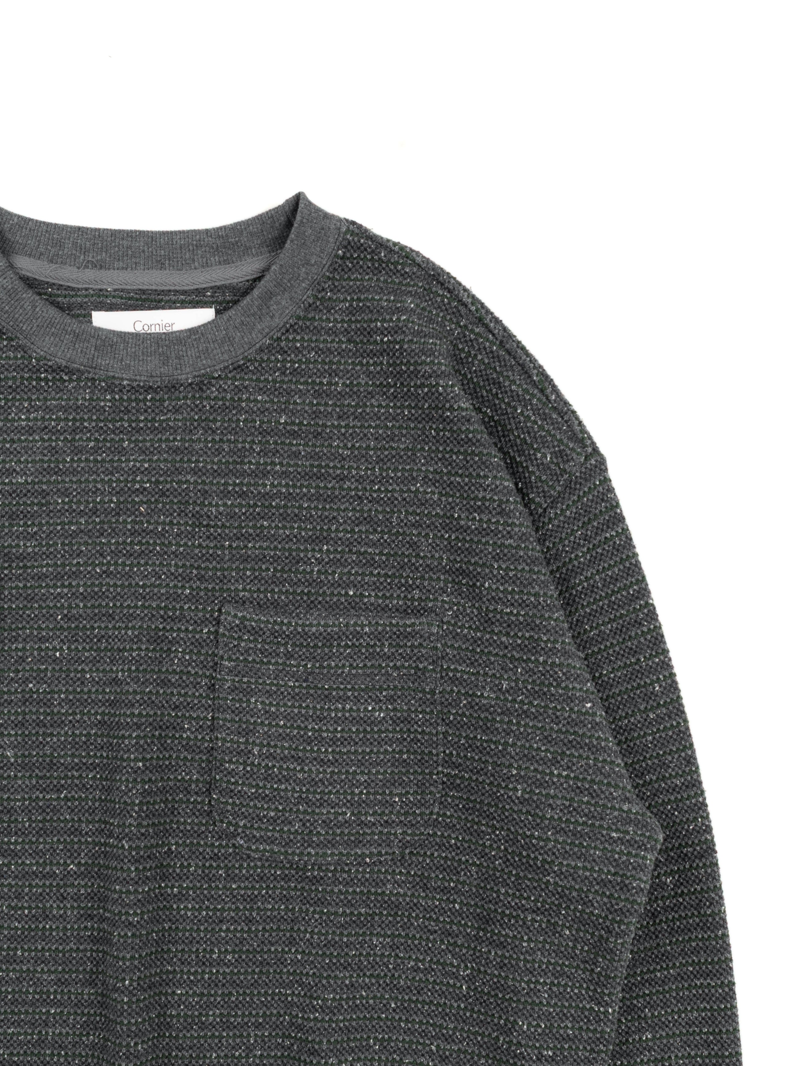 SILK NEP HEAVY MOSS STITCH BORDER LONG SLEEVE T-SHIRTS｜GREEN