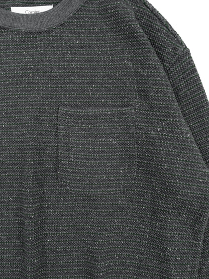 SILK NEP HEAVY MOSS STITCH BORDER LONG SLEEVE T-SHIRTS｜GREEN