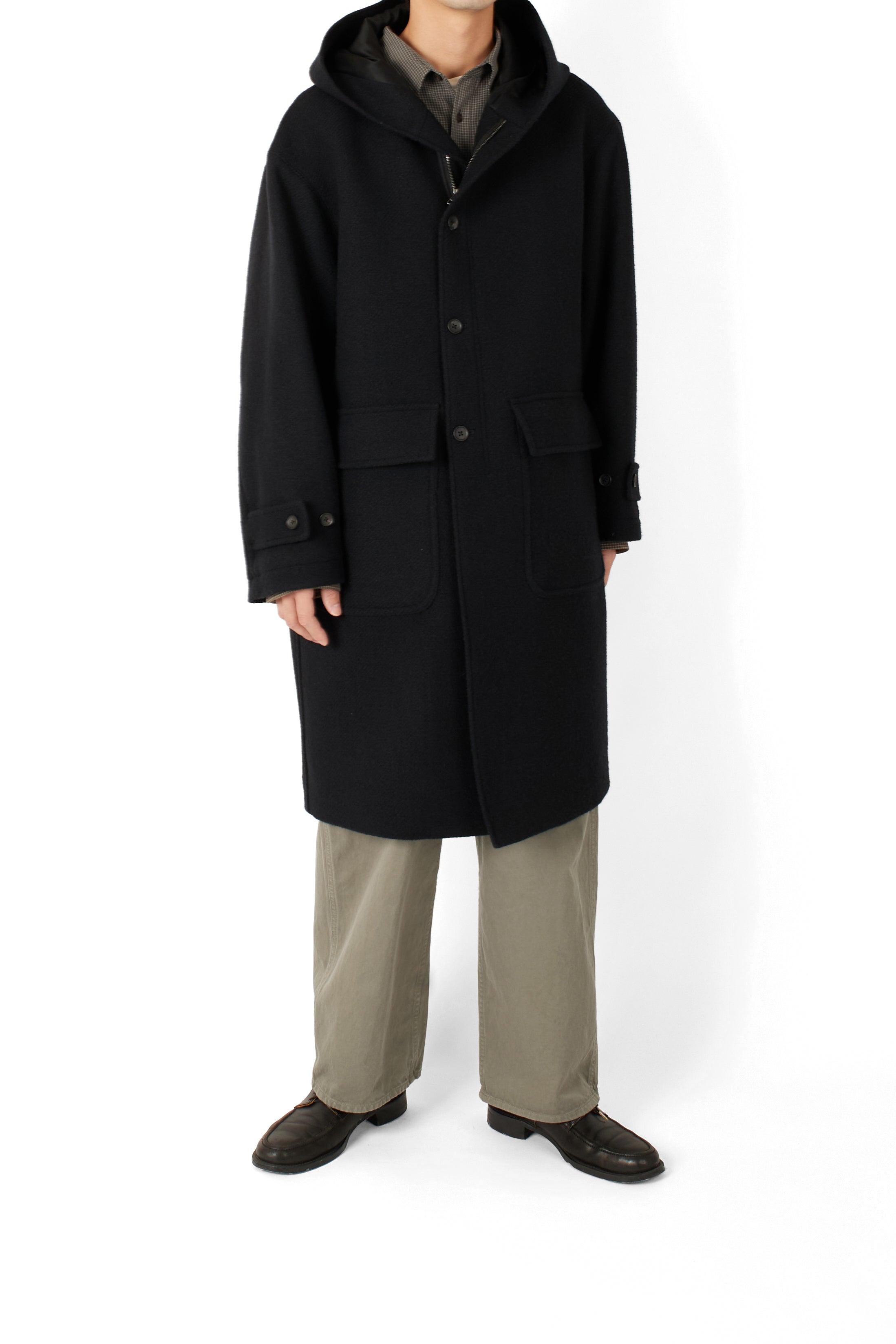 Super140's WOOL /LINEN TWISTED TWEED HOODED COAT｜BLACK – Cornier