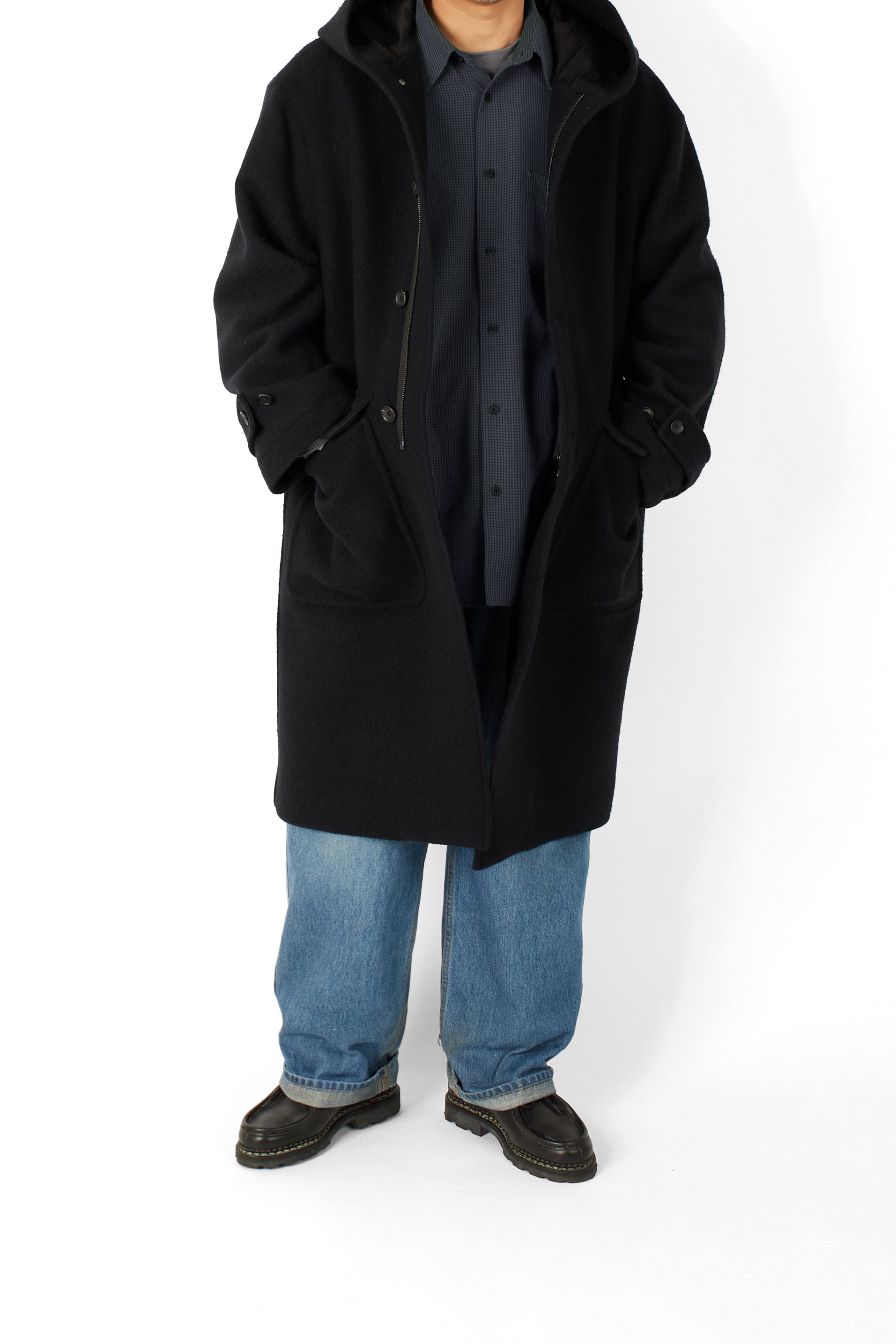 Super140's WOOL /LINEN TWISTED TWEED HOODED COAT｜BLACK – Cornier