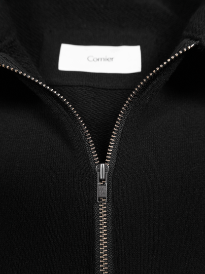 SILK/COTTON LOOPBACK FLEECE HALF ZIP SHIRTS｜BLACK
