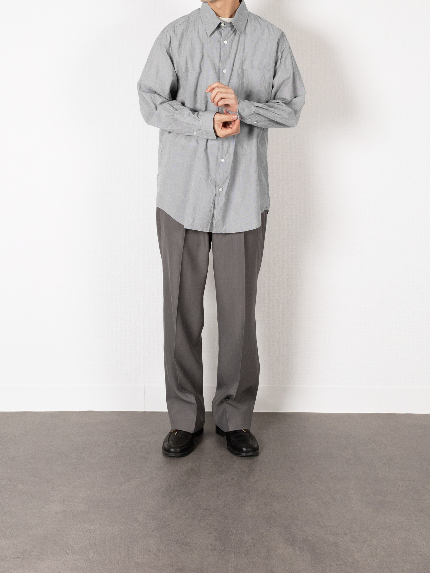 Model 176cm/62kg size L color GRAY STRIPE 着用