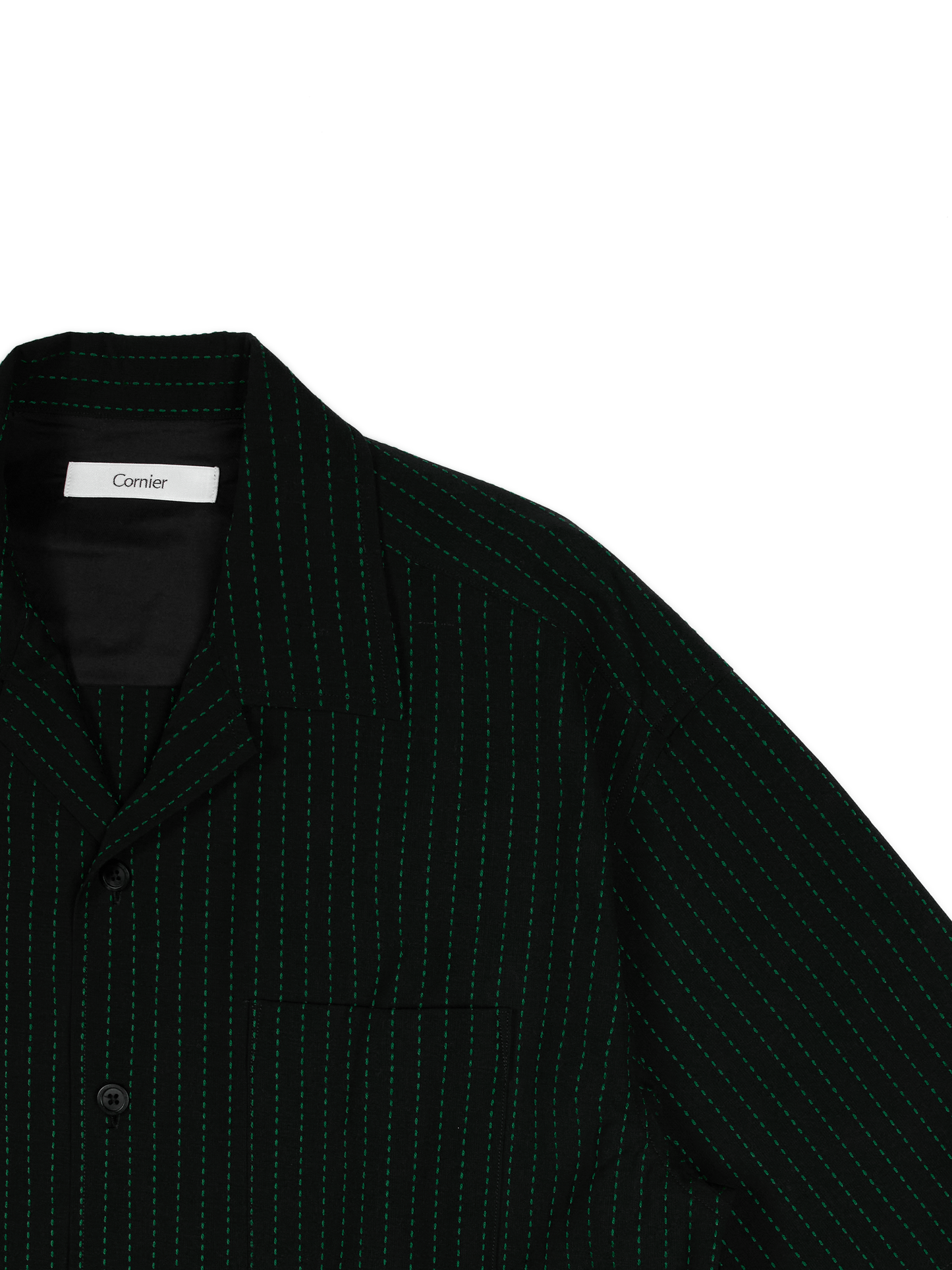 Super160's WOOL/COTTON SASHIKO STITCHING HALF SLEEVE SHIRTS｜GREEN