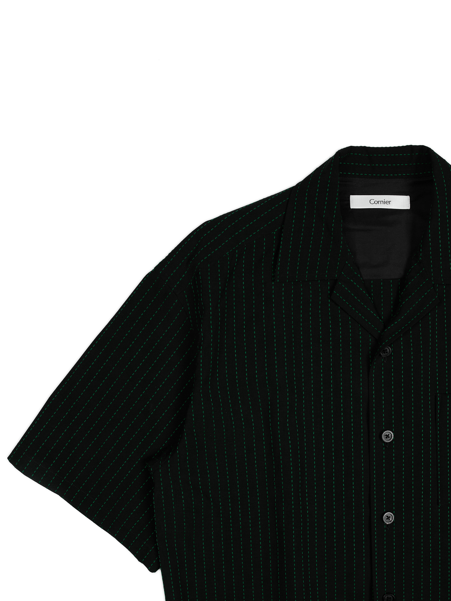 Super160's WOOL/COTTON SASHIKO STITCHING HALF SLEEVE SHIRTS｜GREEN