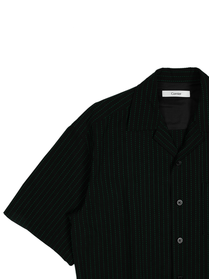 Super160's WOOL/COTTON SASHIKO STITCHING HALF SLEEVE SHIRTS｜GREEN