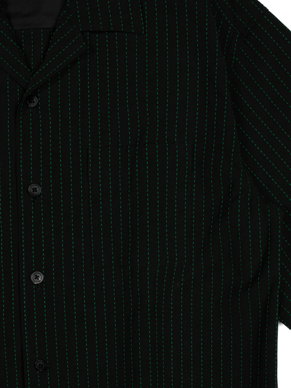Super160's WOOL/COTTON SASHIKO STITCHING HALF SLEEVE SHIRTS｜GREEN