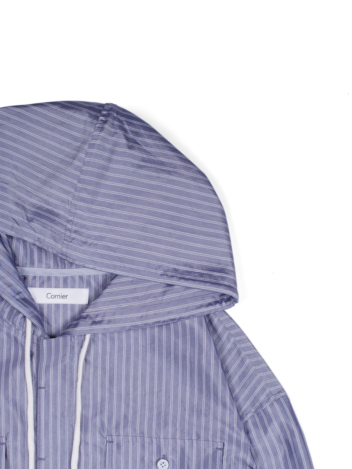 RAW SILK/GIZA STRIPE HOODED SHIRTS for WOMEN｜BLUE