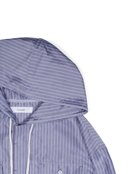 RAW SILK/GIZA STRIPE HOODED SHIRTS for WOMEN｜BLUE