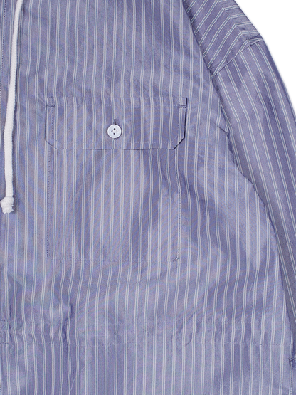 RAW SILK/GIZA STRIPE HOODED SHIRTS for WOMEN｜BLUE