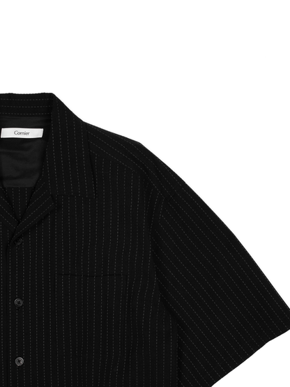 Super160's WOOL/COTTON SASHIKO STITCHING HALF SLEEVE SHIRTS｜BLACK