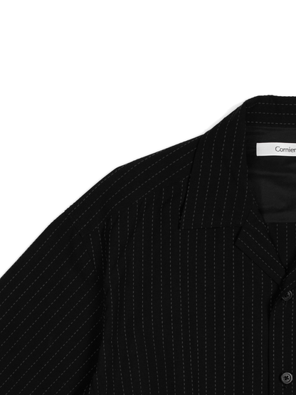 Super160's WOOL/COTTON SASHIKO STITCHING HALF SLEEVE SHIRTS｜BLACK