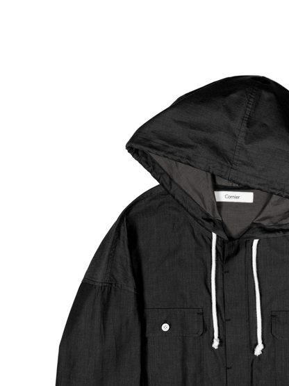 FINX COTTON CHAMBRAY DENIM HOODED SHIRTS for WOMEN｜BLACK