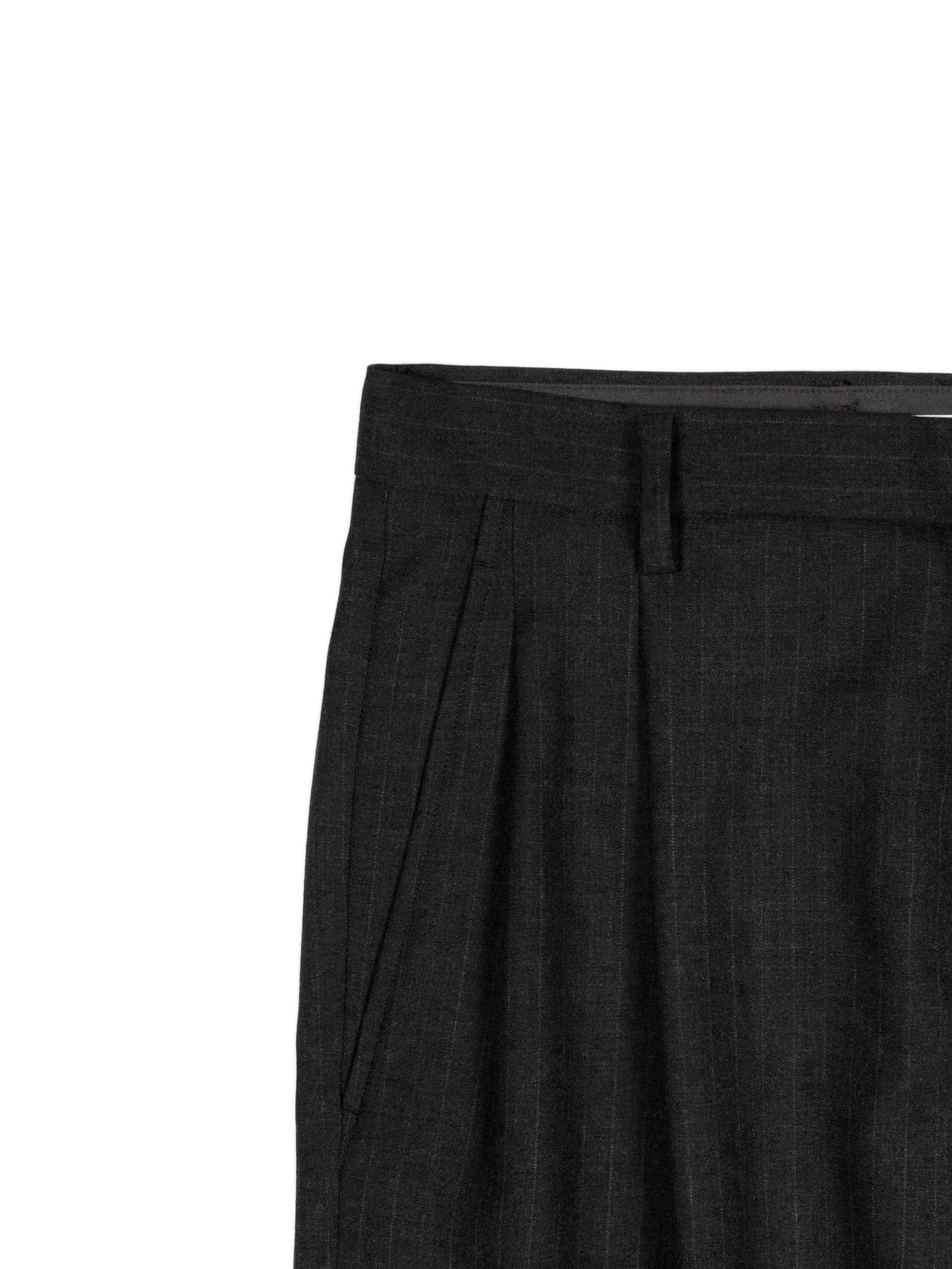 Super130's WORSTED WOOL STRIPE 2-TUCK PANTS｜CHARCOAL STRIPE