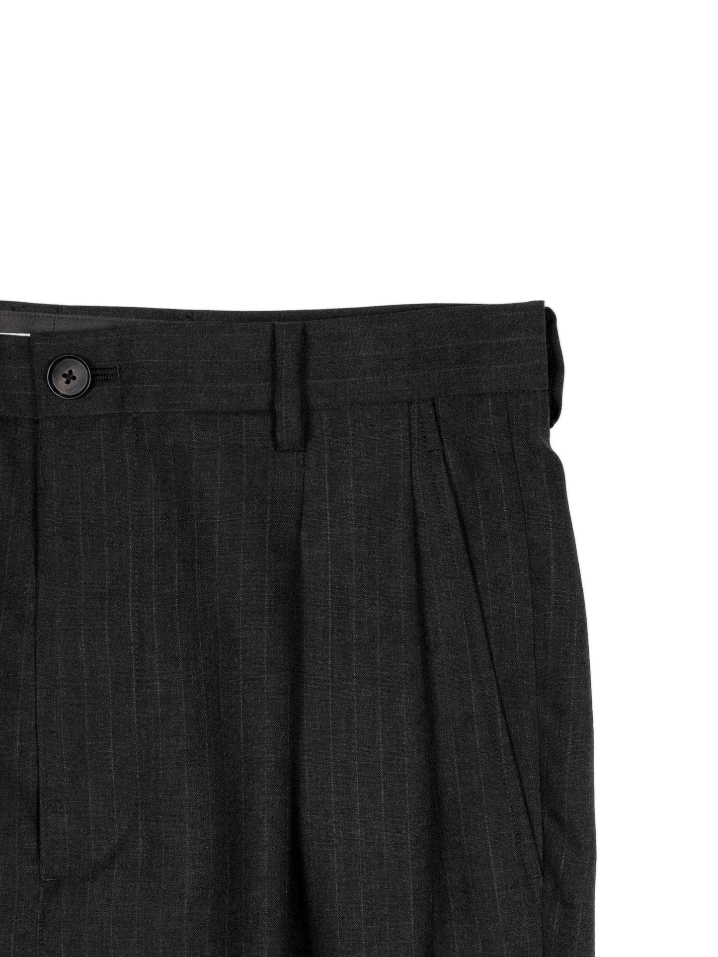 Super130's WORSTED WOOL STRIPE 2-TUCK PANTS｜CHARCOAL STRIPE