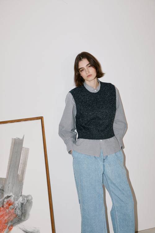 FINX COTTON LIGHT CORD LANE STRIPE SHIRTS for WOMEN｜GRAY STRIPE