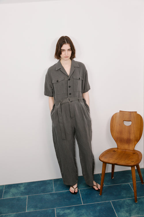 SILK/LINEN GABARDINE JUMPSUIT｜HAZE GRAY