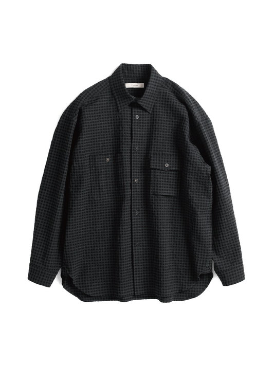 Super130's WOOL/COTTON SHRINK GACHA-POKE SHIRTS｜NAVY CHECK