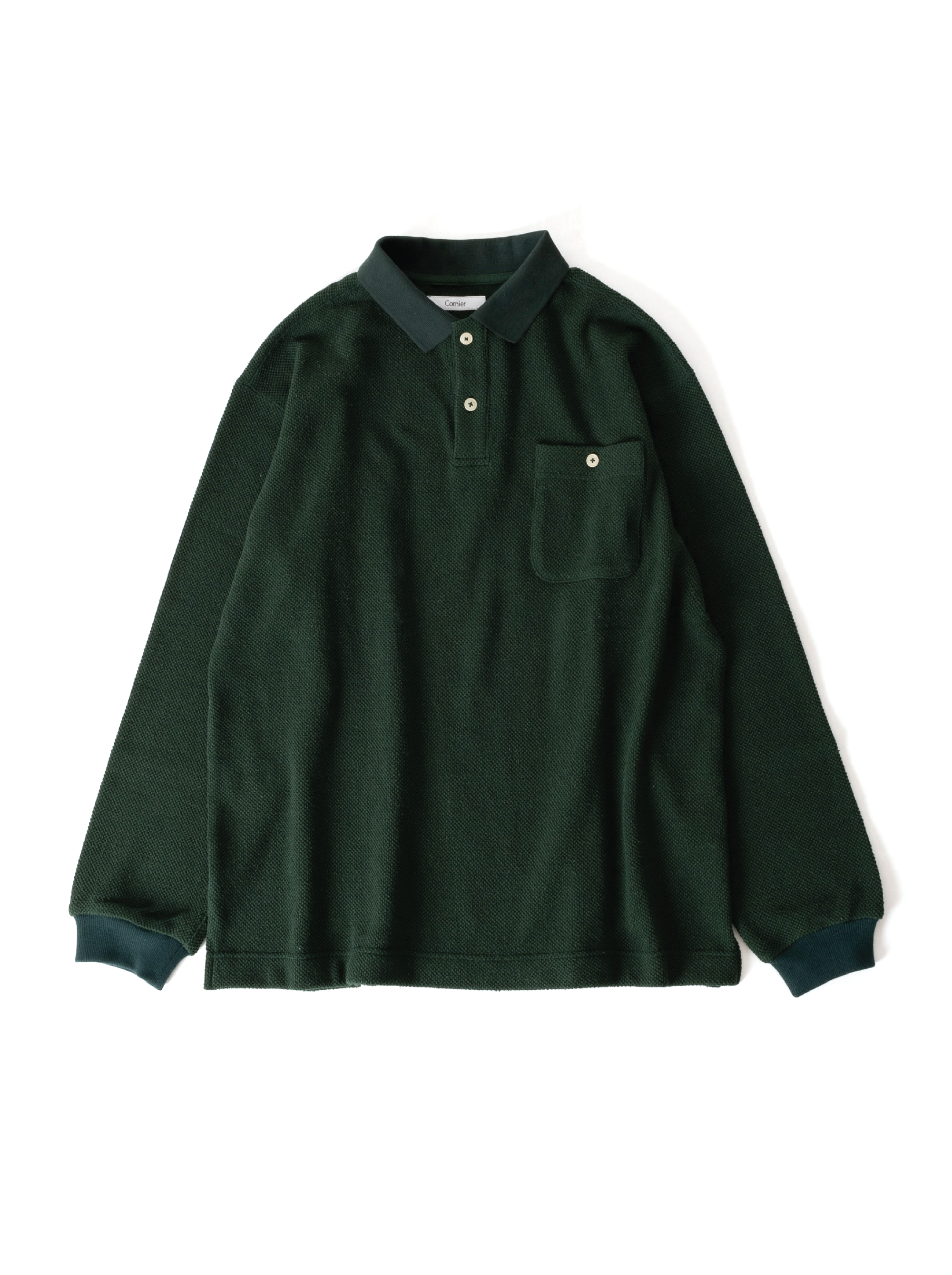 SILK NEP HEAVY MOSS STITCH POLO SHIRTS｜DARK GREEN