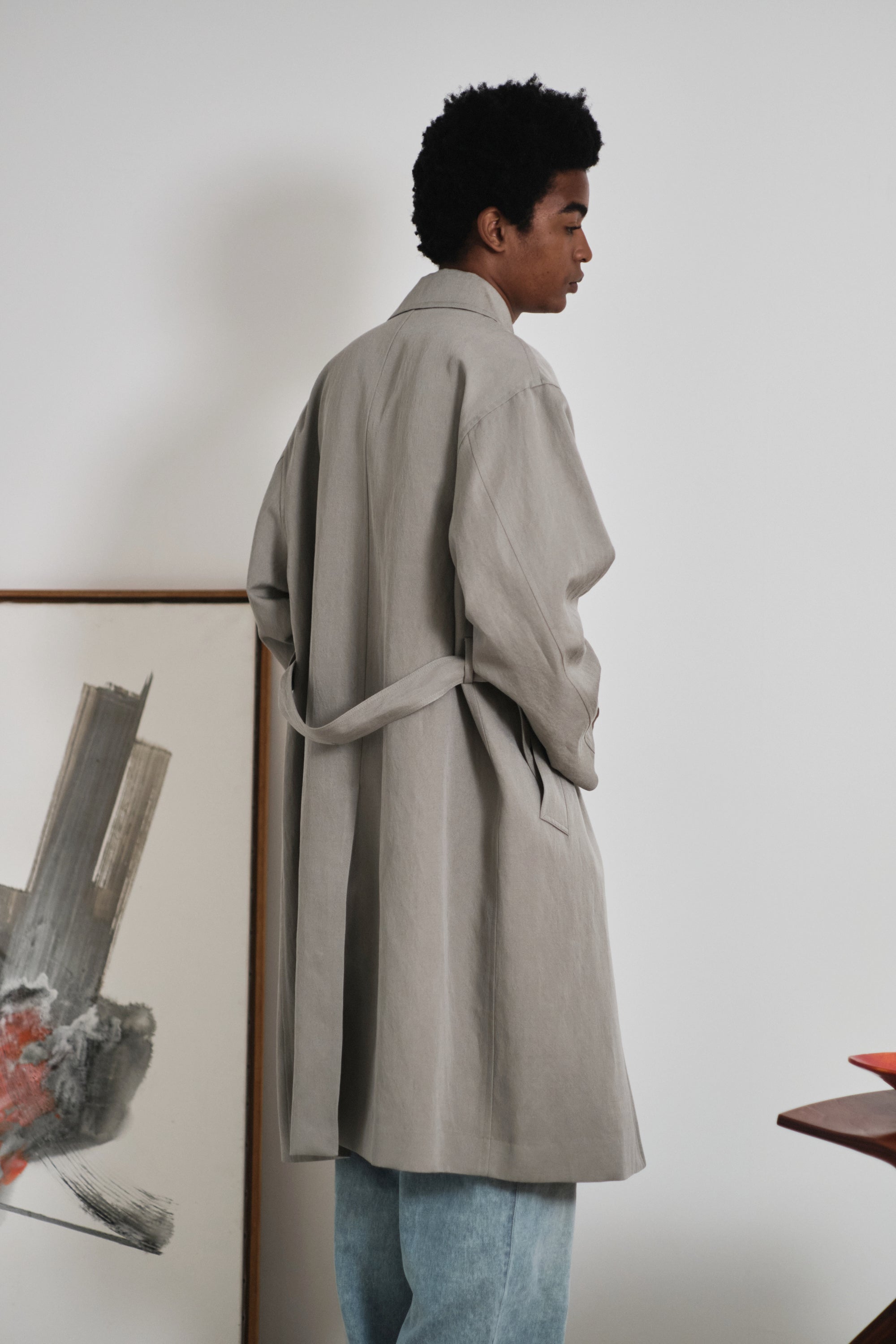 SILK/LINEN FADED GABARDINE BALMACAAN COAT｜HAZE GRAY – Cornier