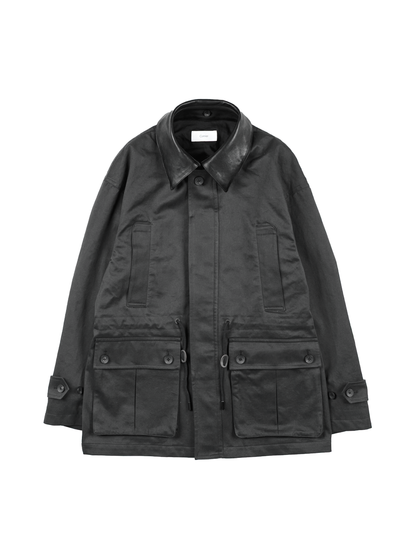 LEATHER COLLAR FINX/ZIMBABWE COTTON TWILL BLOUSON｜BLACK