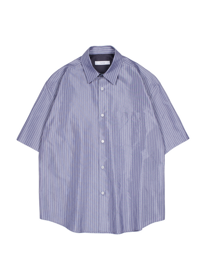 RAW SILK/GIZA STRIPE HALF SLEEVE BIG SHIRTS｜BLUE