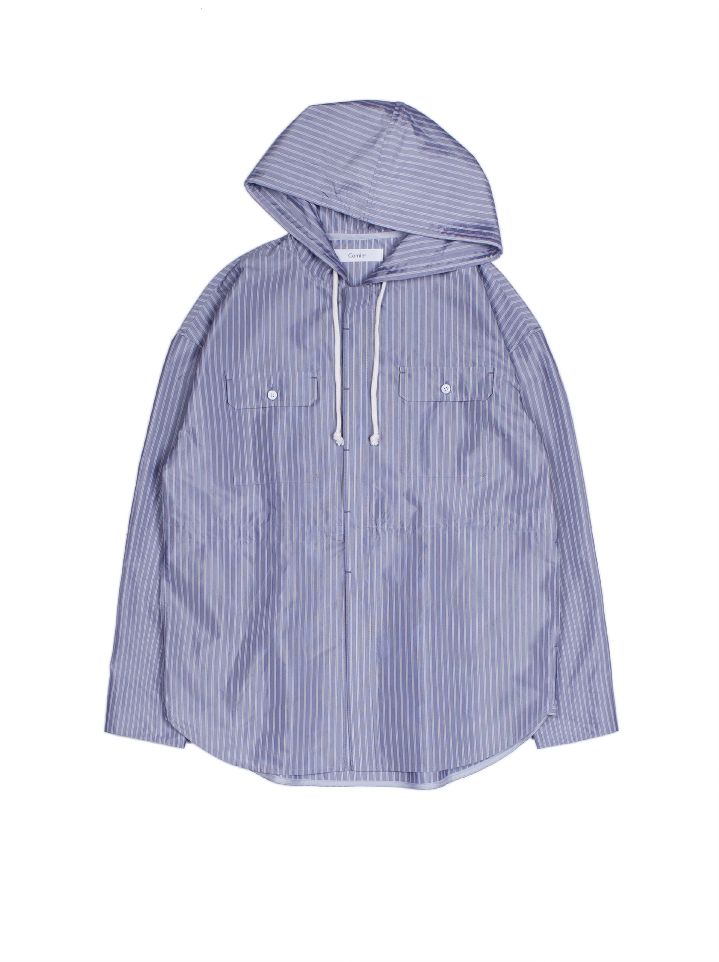 RAW SILK/GIZA STRIPE HOODED SHIRTS for WOMEN｜BLUE