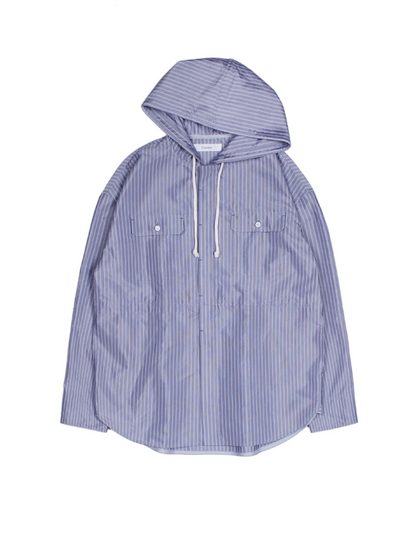 RAW SILK/GIZA STRIPE HOODED SHIRTS for WOMEN｜BLUE