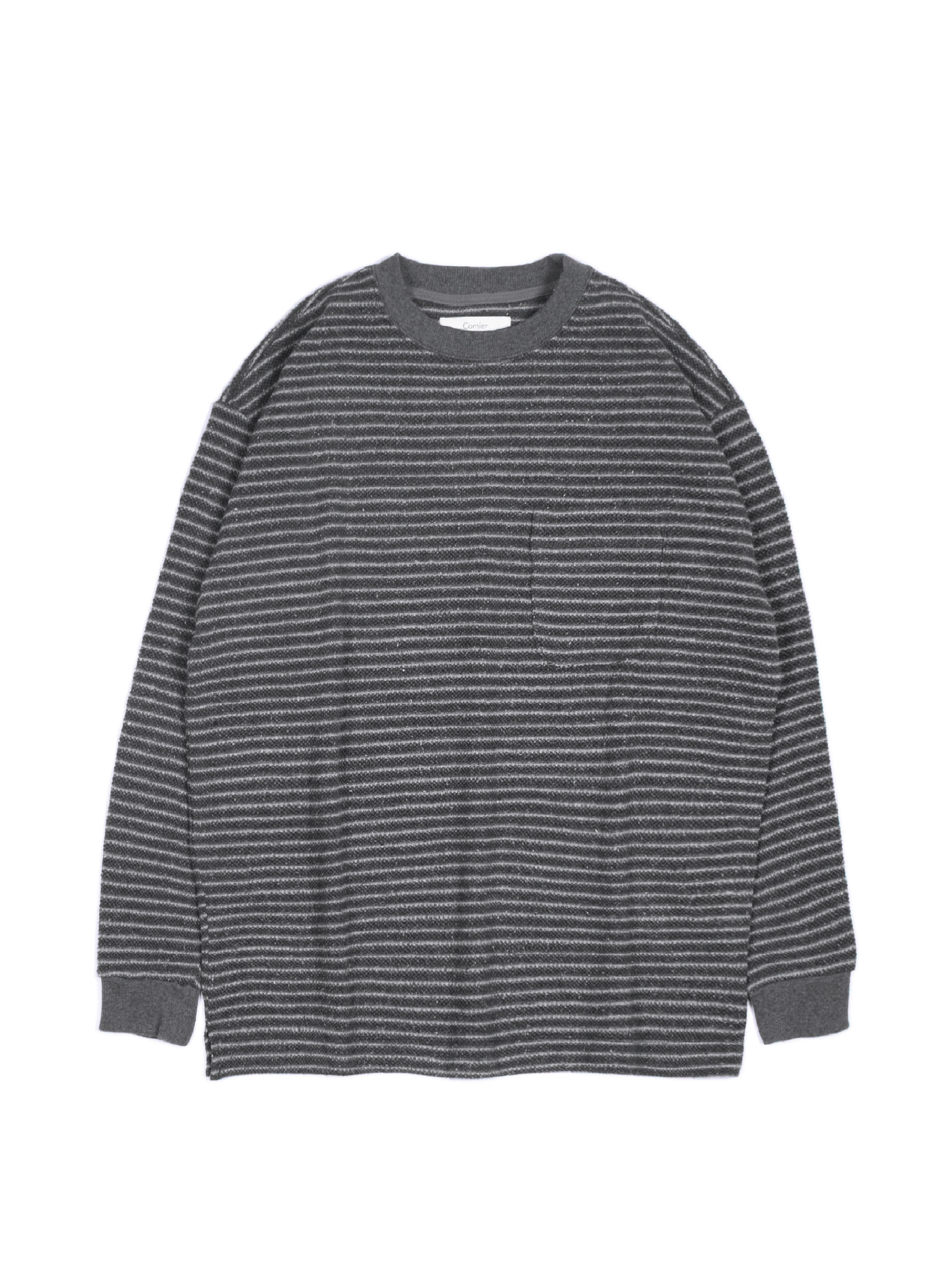 SILK NEP HEAVY MOSS STITCH BORDER LONG SLEEVE T-SHIRTS｜GRAY
