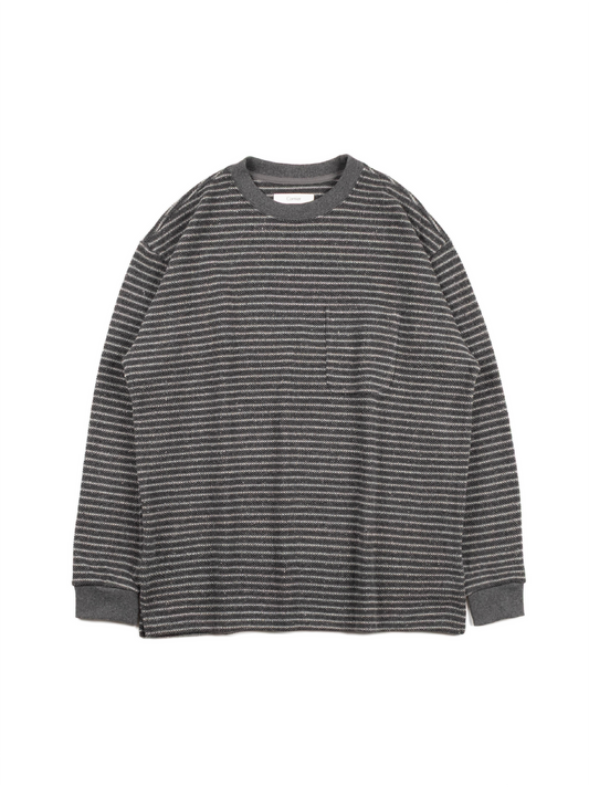 SILK NEP HEAVY MOSS STITCH BORDER LONG SLEEVE T-SHIRTS｜GRAY