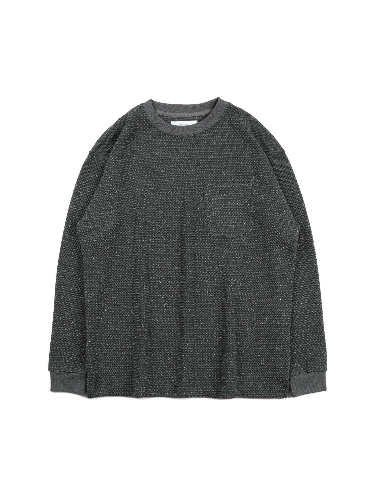 SILK NEP HEAVY MOSS STITCH BORDER LONG SLEEVE T-SHIRTS｜GREEN