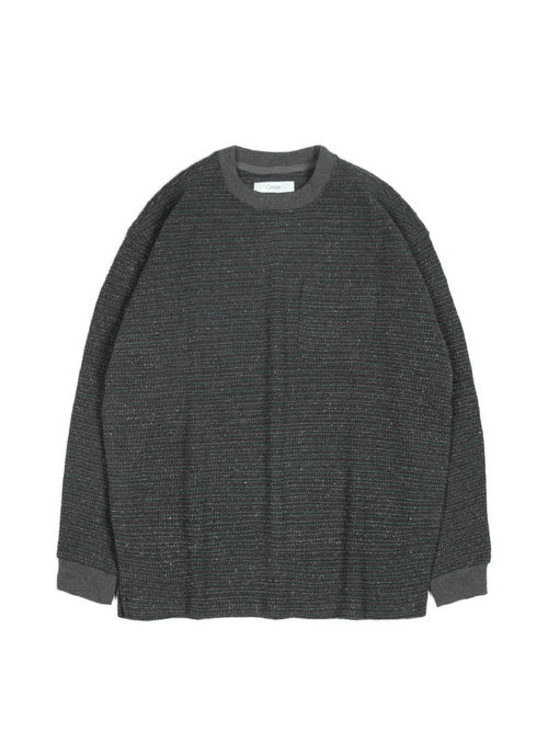 SILK NEP HEAVY MOSS STITCH BORDER LONG SLEEVE T-SHIRTS｜GREEN