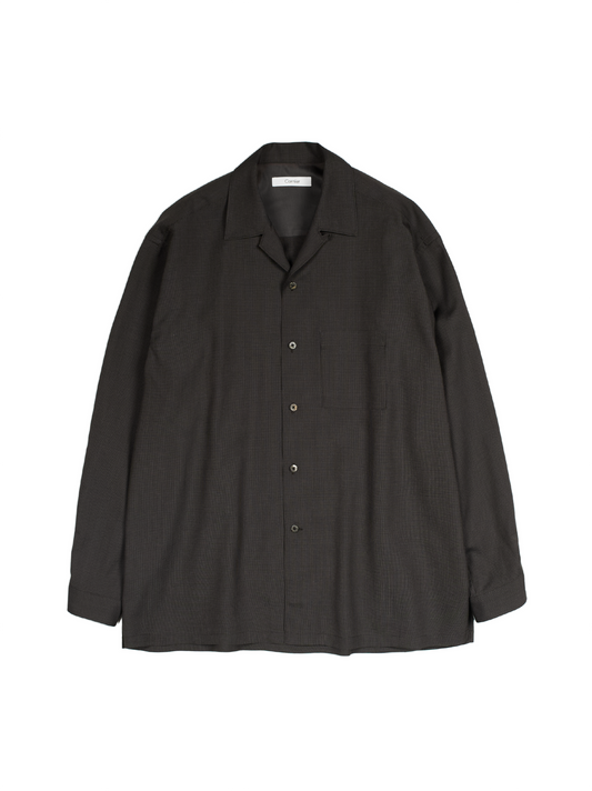 Super130's WOOL/SILK RETRO CHECK OPEN COLLAR SHIRTS｜DARK BROWN