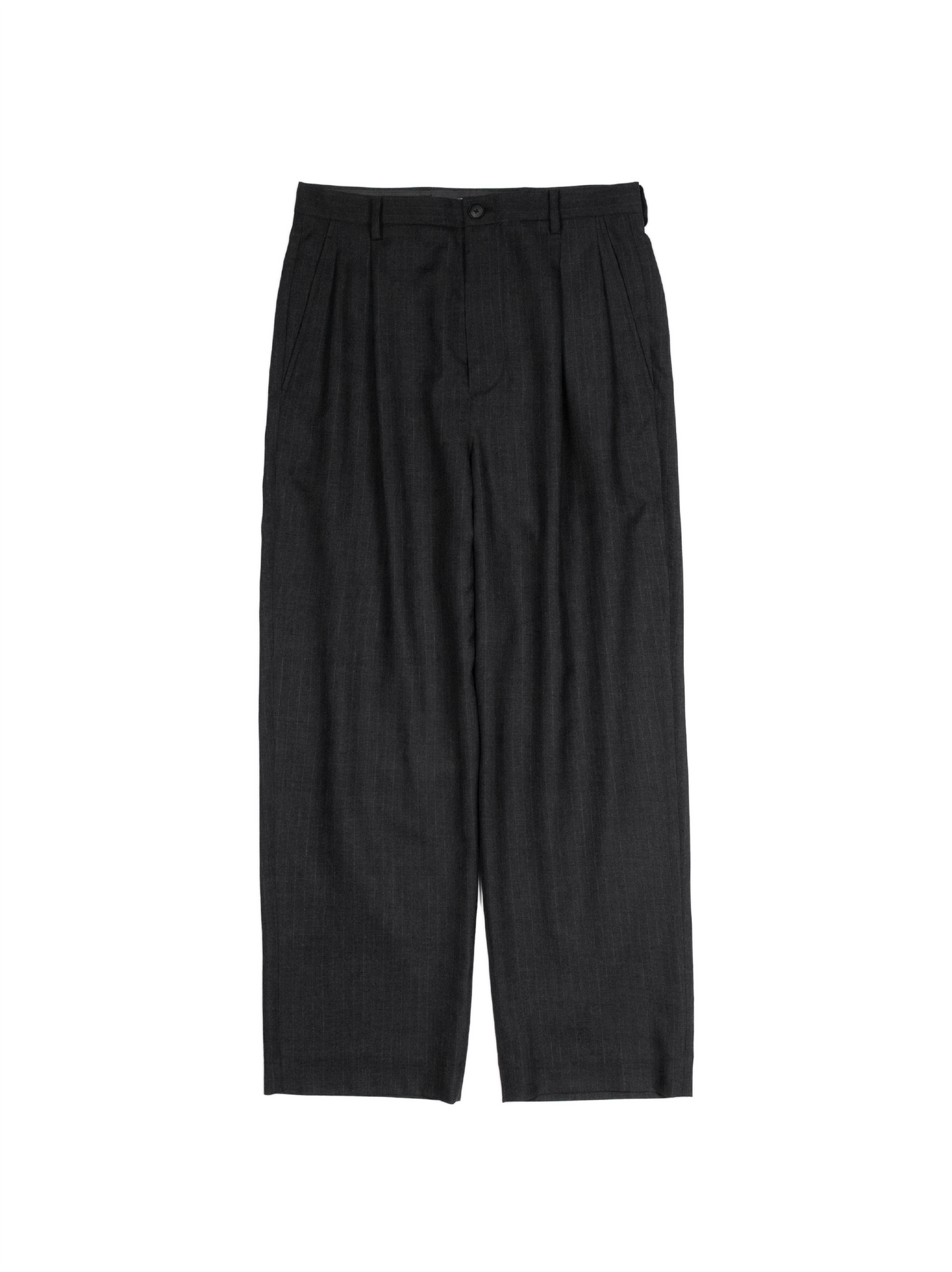 Super130's WORSTED WOOL STRIPE 2-TUCK PANTS｜CHARCOAL STRIPE