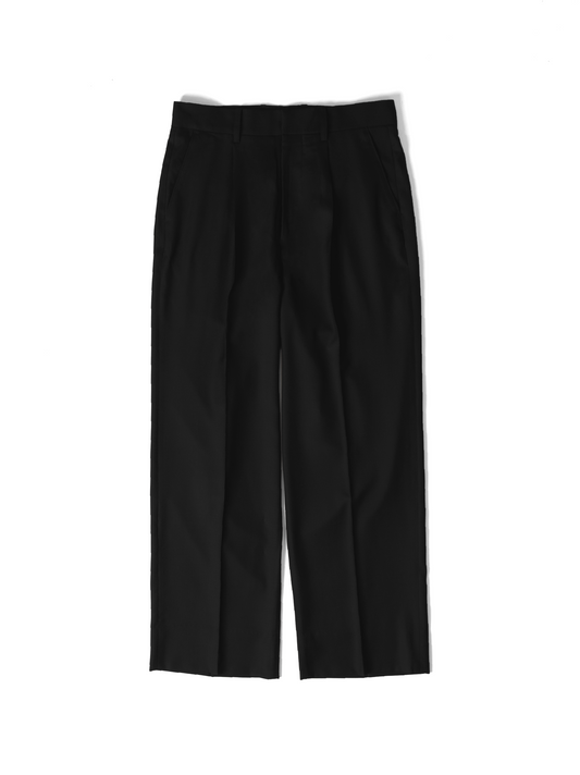 Super130's WORSTED WOOL WIDE SLACKS｜BLACK