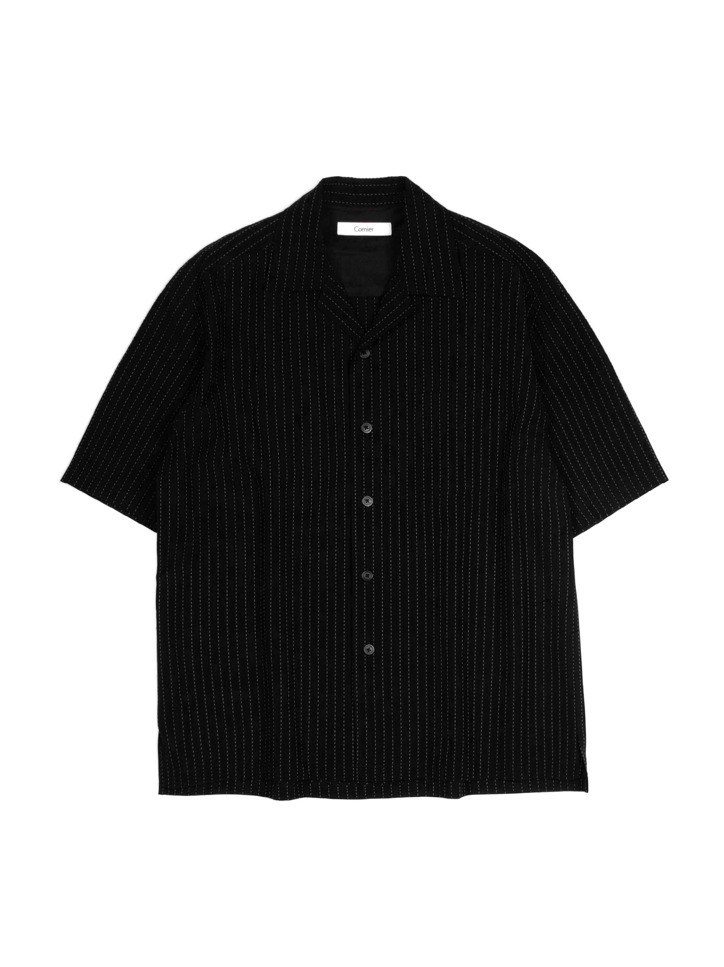 Super160's WOOL/COTTON SASHIKO STITCHING HALF SLEEVE SHIRTS｜BLACK